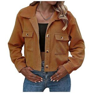 Women's Fall Fashion Cropped Shacket Plaid Jackets Coat-Brown